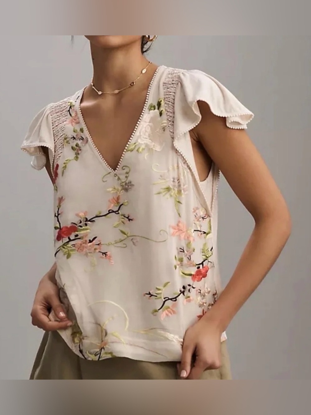 Anthropologie | Embroidered Flutter Sleeve V-Neck Top